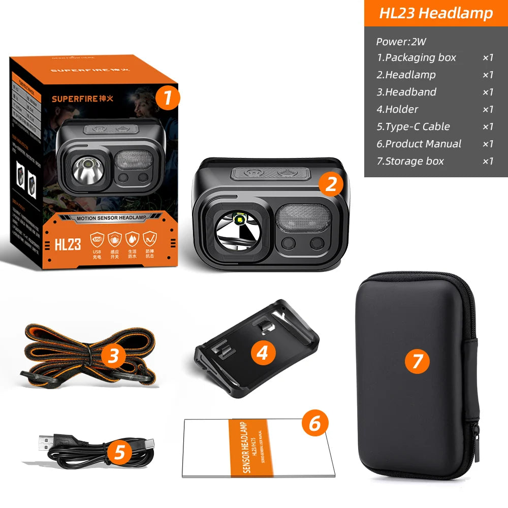 lampe frontale led rechargeable ip44 noir orange rayures moderne camping