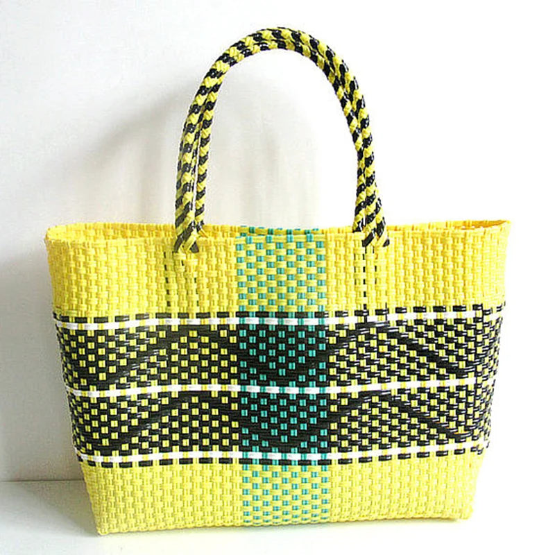 sac main plastique tissé géométrique polyvalent femme moderne noir blanc jaune bleu turquoise poches