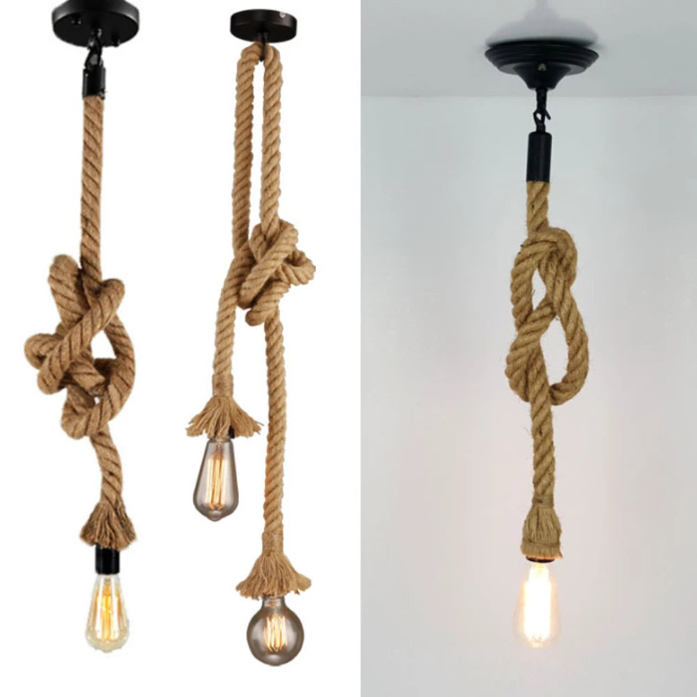 lampe suspendue corde tressée marron clair vintage rustique salon chambre anneaux noirs filament