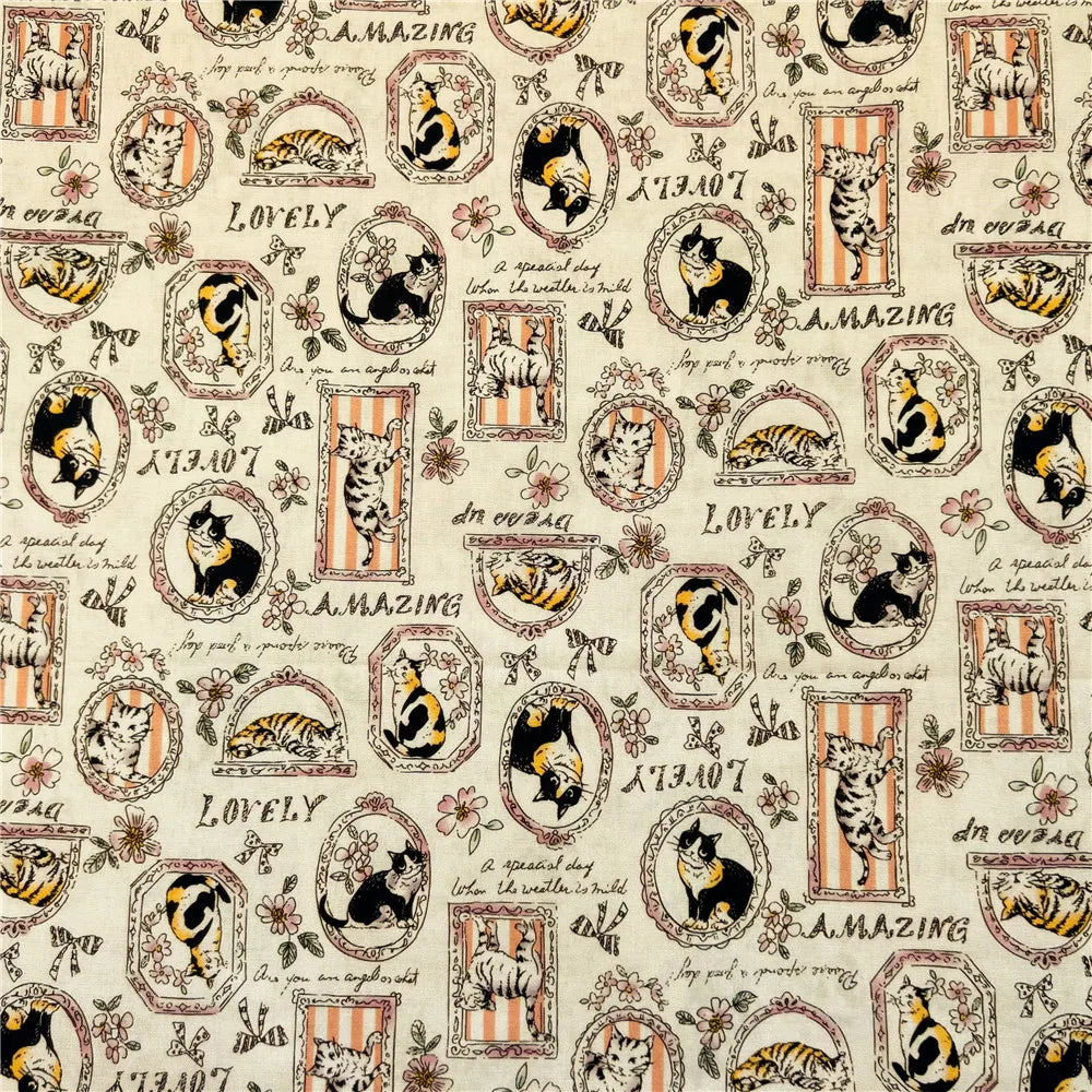 tissu imprimé chats cadres fleurs vintage romantique beige noir orange rose blanc