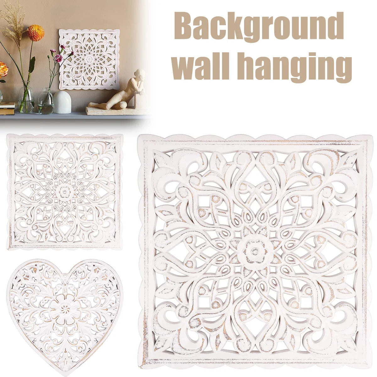 décoration murale bois sculptée motif floral ajouré bohème rustique cœur carré