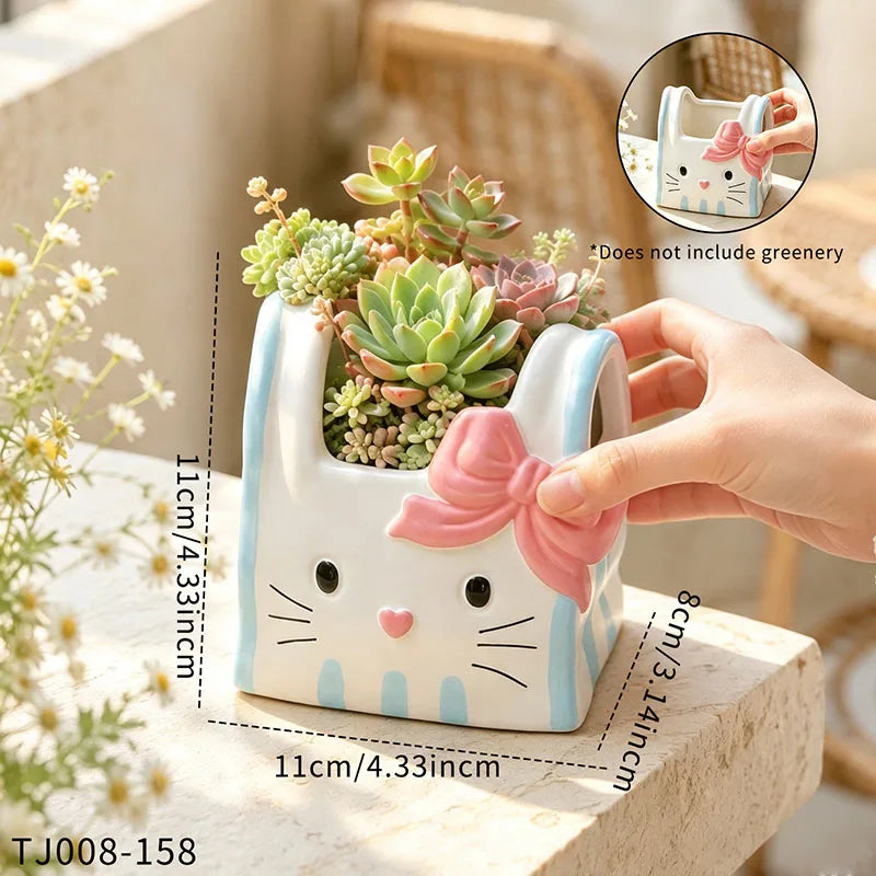 cache pot résine forme chat blanc bleu rose yeux noirs narines roses sourcils noirs
