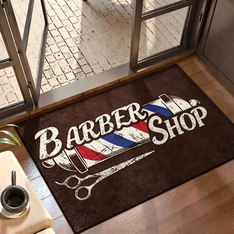tapis antidérapant motif coiffeur ciseaux lettres blanches noir vintage sol salon