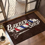 tapis antidérapant motif coiffeur ciseaux lettres blanches noir vintage sol salon
