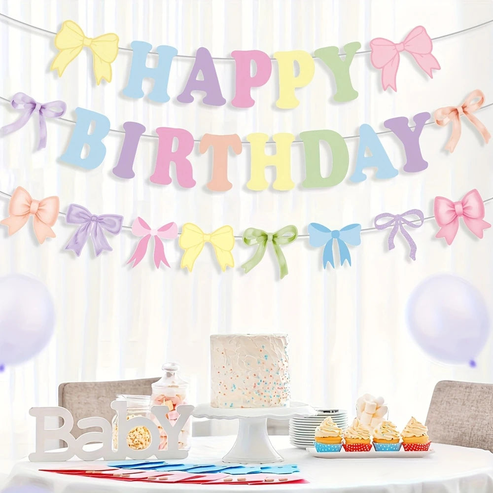 guirlande festivités multicolore lettres relief joyeux anniversaire noeuds decoratifs deco papier festive