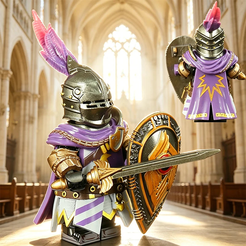 figurine chevalier armure ornée motifs floraux épée bouclier violet doré bleu fantaisie médiévale