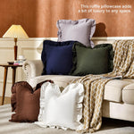 housses coussin coton couleur blanc vert bleu violet marron bords froncés texture tissu decoratif