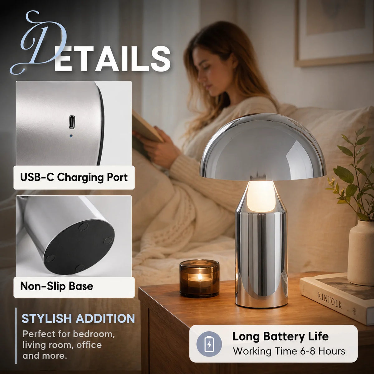 lampe table moderne or noir ambre led controle tactile usb charge chambre contemporaine compact