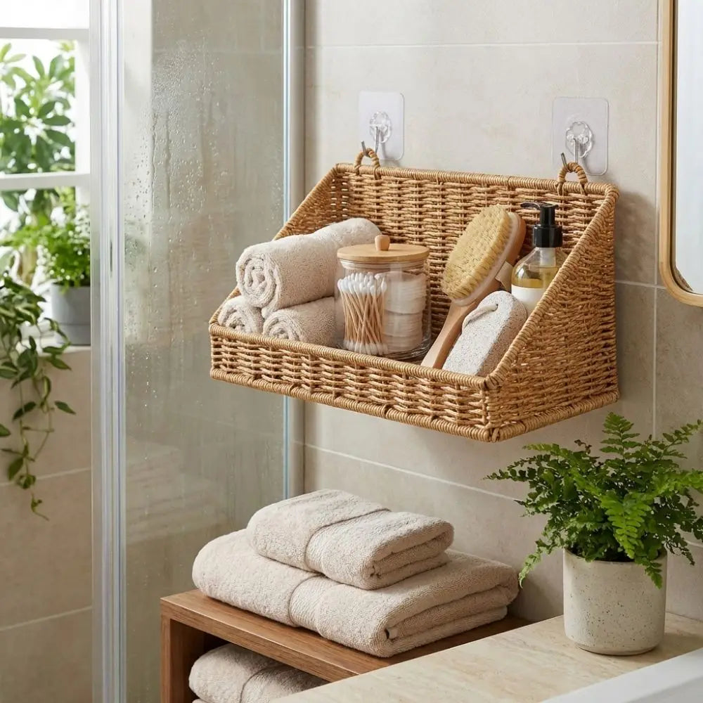panier osier tressé marron clair rustique clips adhésifs cuisine rangement réutilisable grande capacité multipurpose