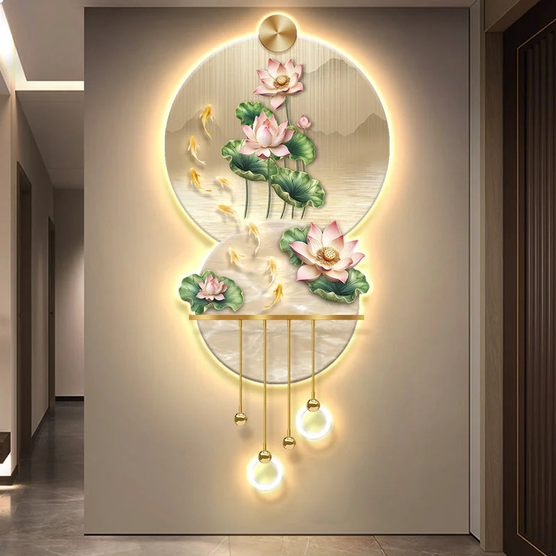 tableau mural moderne fleurs lotus poissons feuilles montagne beige vert rose doré