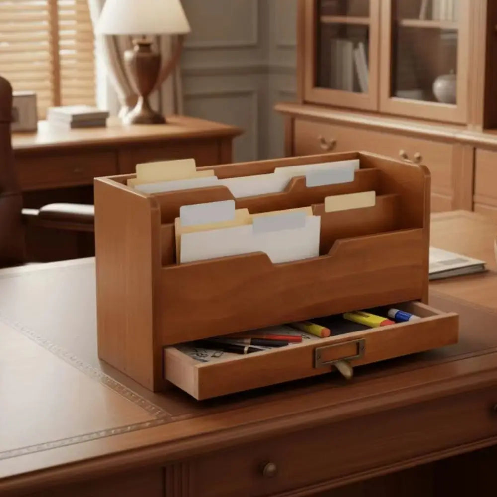 organisateur bois marron vintage tiroirs compartiments documents stylos