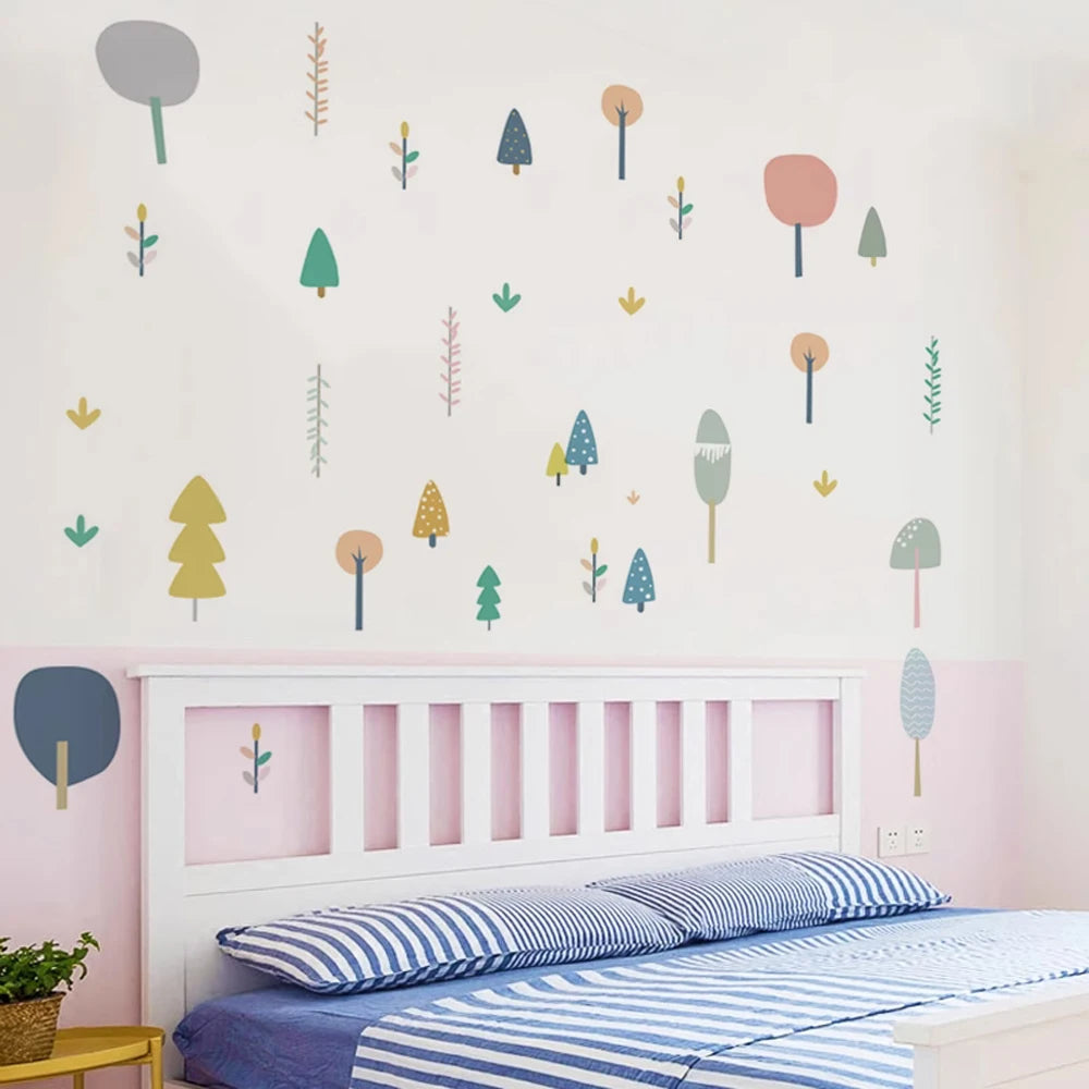 sticker mural décoration enfant arbre feuilles graphique nordique chambre vert jaune rose bleu gris