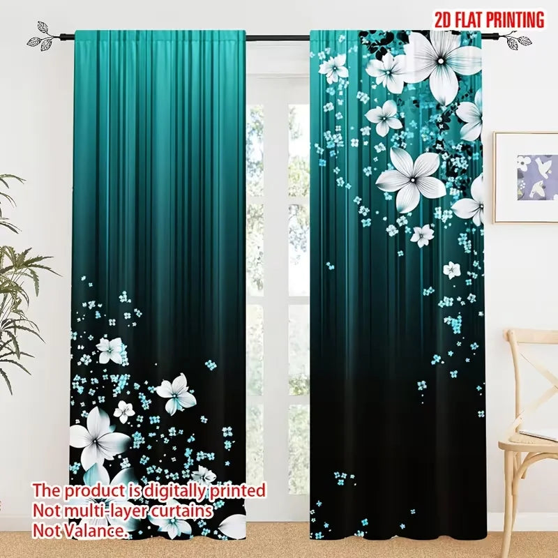 rideau moderne fleurs blanches turquoise noir polyester chambre salon 60x150cm 75x166cm 105x230cm 130x210cm