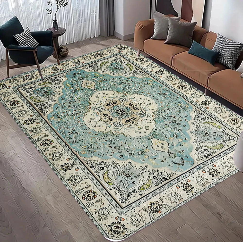 tapis moderne ornements floraux motifs géométriques velours noir gris bleu vert facile nettoyer salon