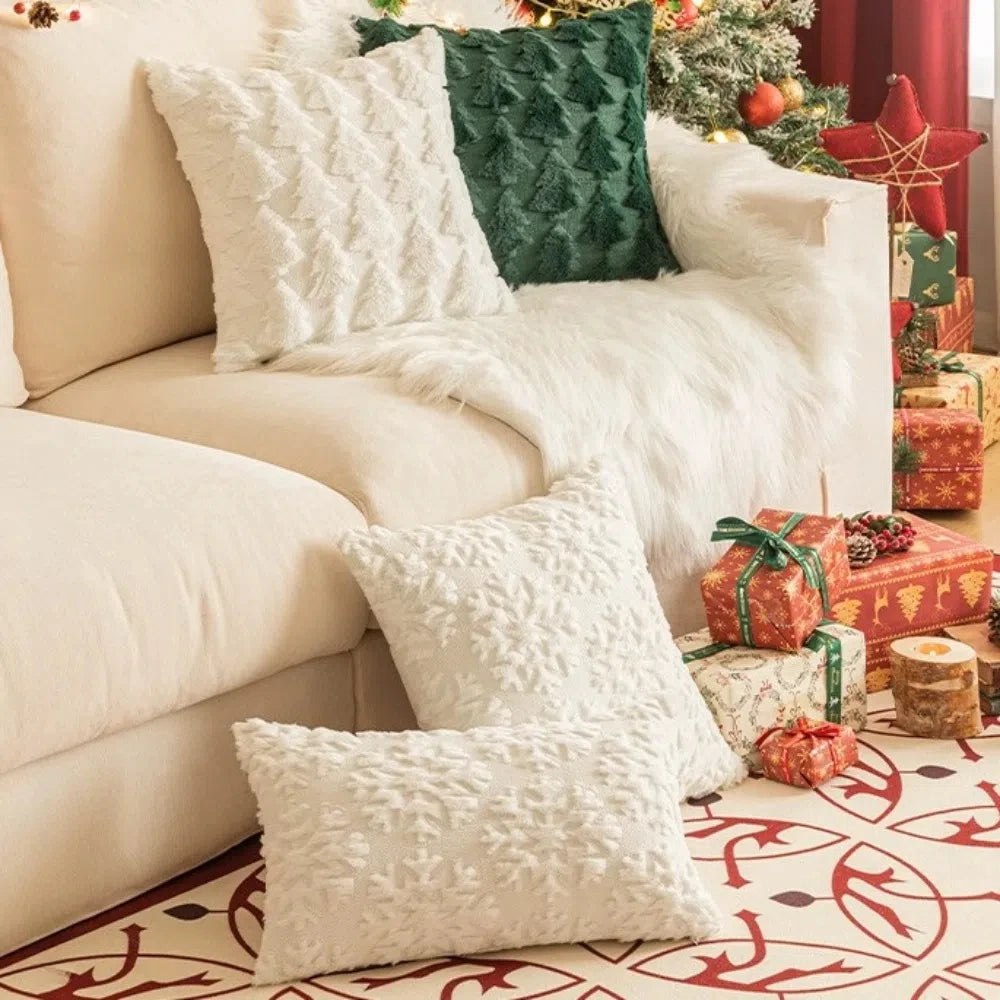 housse coussin noël arbre renne festive polyester beige vert rougeOpaque 45cm 50cm