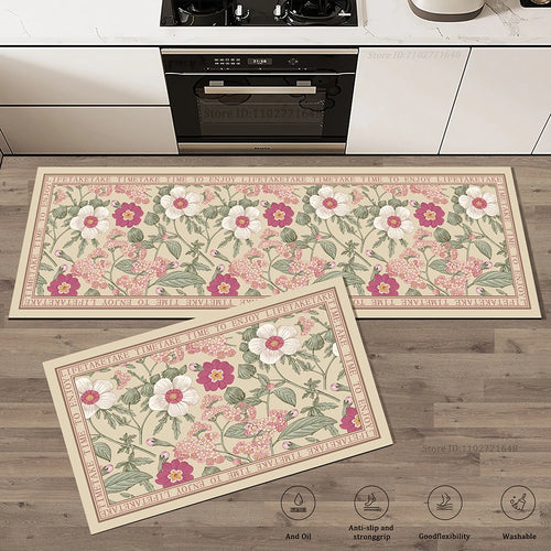 tapis cuisine vintage floral antidérapant lavable doux sol intérieur maison décoratif beige