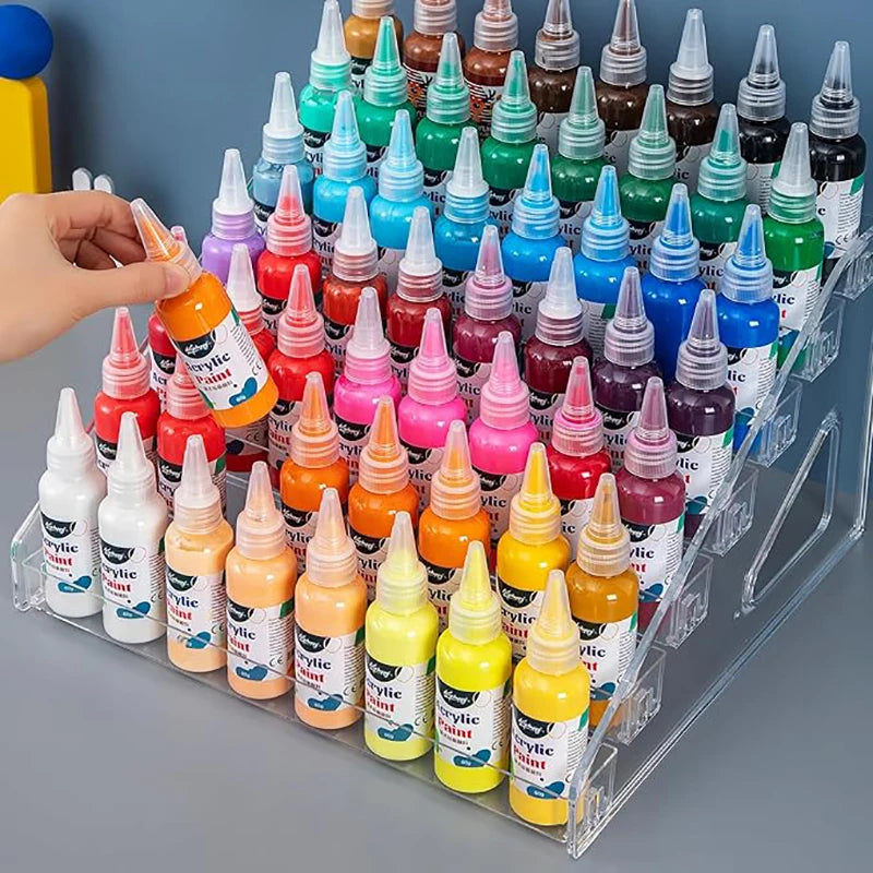 rangements bouteilles peinture acrylique multiple niveaux transparent stockage aquarelle artisanale diverse couleurs pinceaux palette