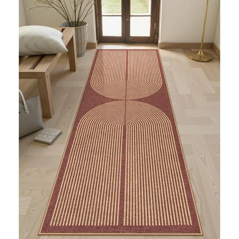 tapis moderne géométrique rayures horizontales beige noir rouge salon chambre entrée minimaliste polyester polypropylène
