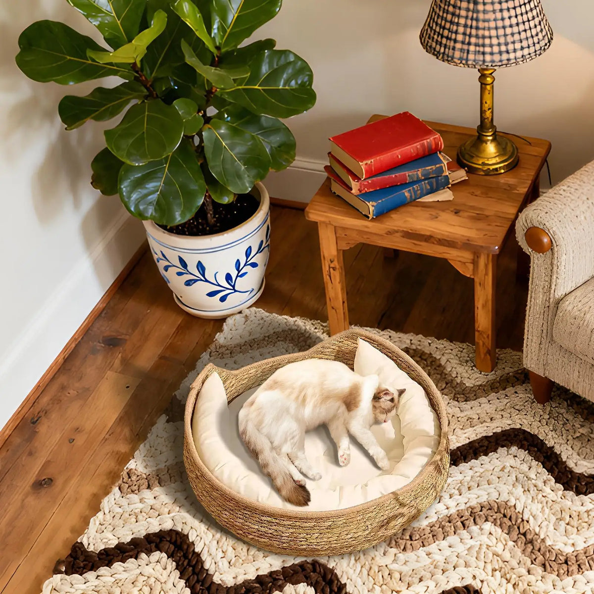 lit chat tressé nid moelleux coussin oreillers beige blanc rustique bohèmeintérieur