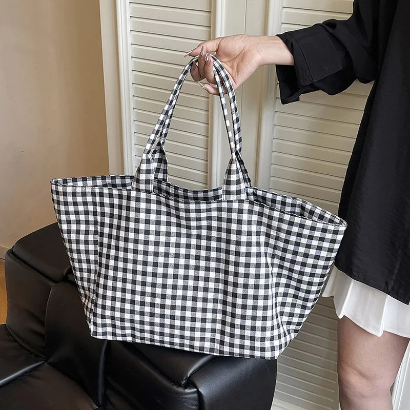 sac main noir blanc carreaux polyester toile femme moderne casual fourre tout poignées détachables