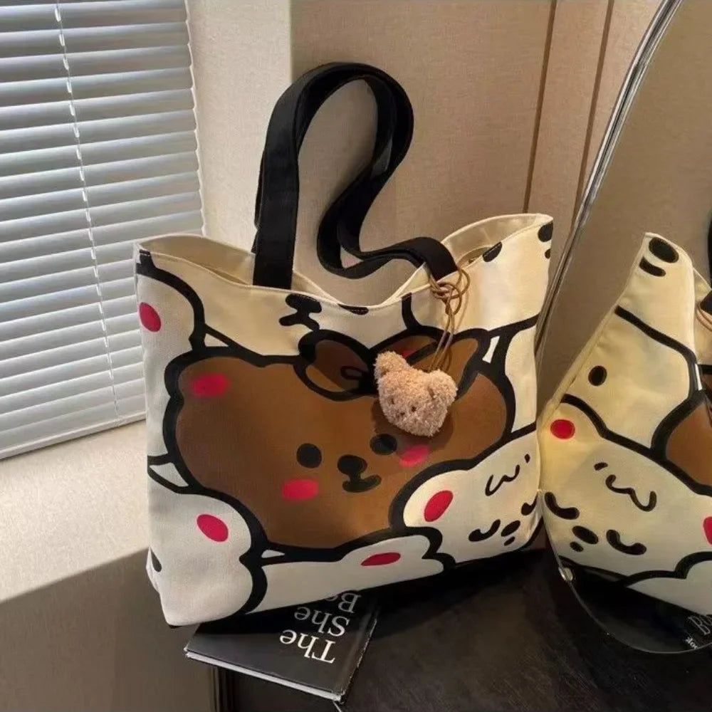 sac main toile ours mignons dessins modernes poignées détachables ours peluche beige