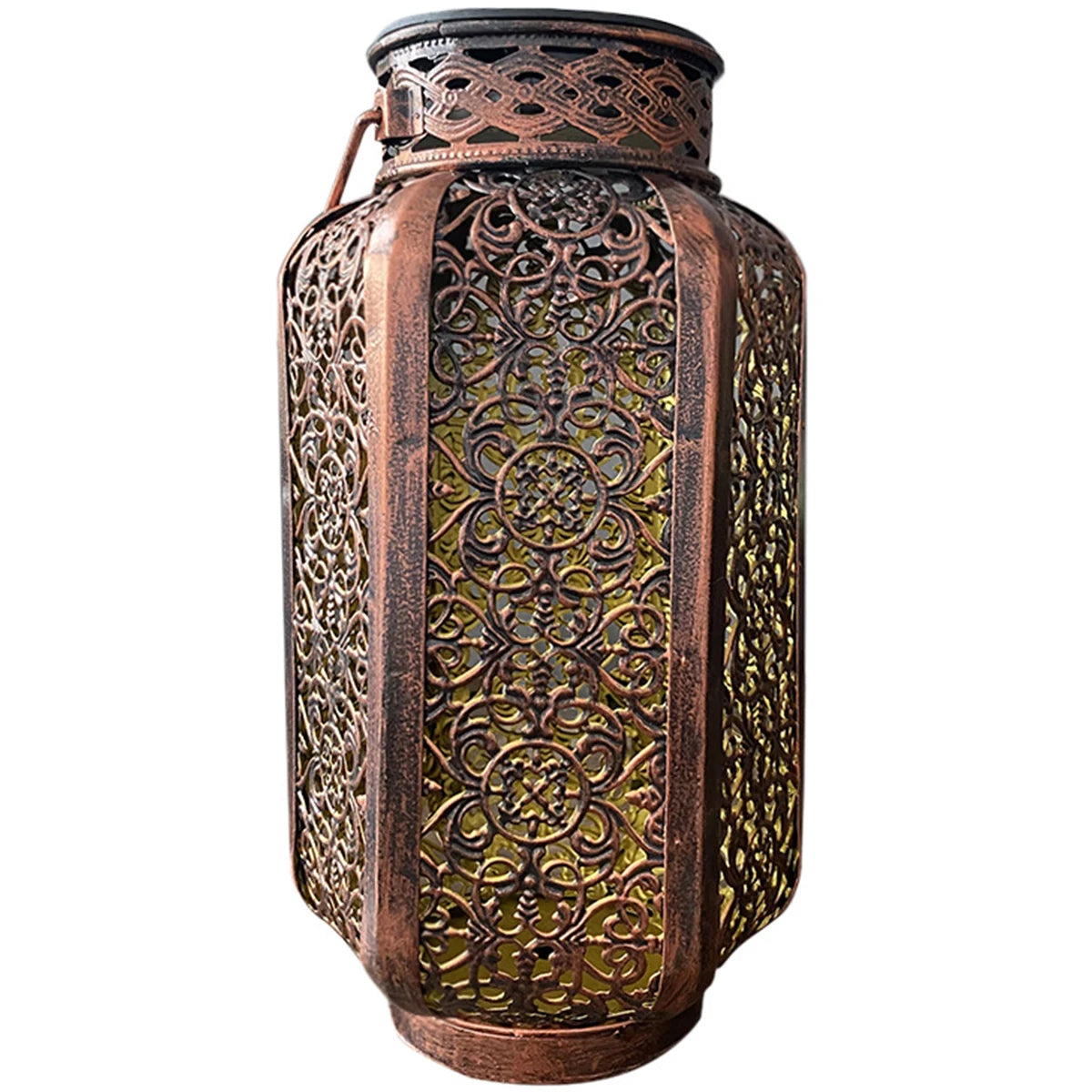 lanterne solaire dorée ornements ajourés artisanale extérieure projection capteur interrupteur étanche métal blanc chaud