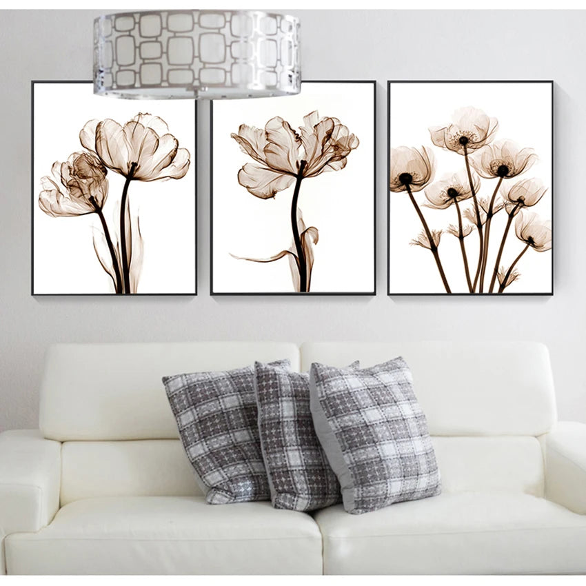 tableau toile art fleurs abstraites moderne cadre doré décoration murale salon beige blanc