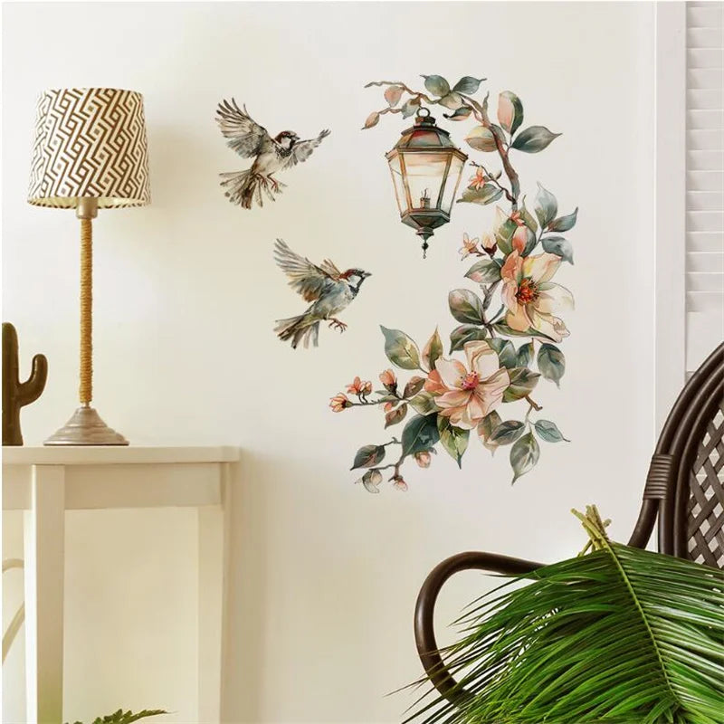 stickers muraux décoratifs oiseaux fleurs magnolias lanterne ancienne aquarelle vintage bohème adhésifs chambre salon