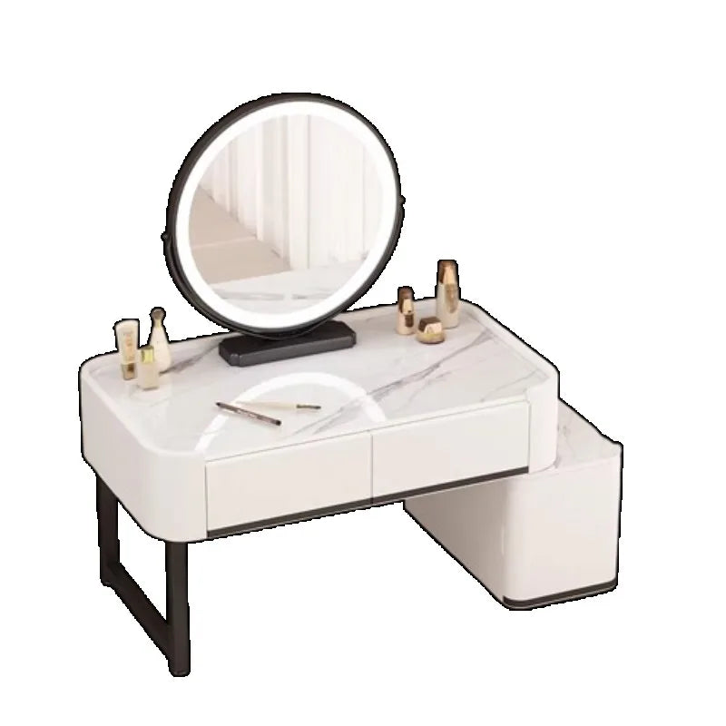 maquillage moderne marbre blanc tiroirs miroir pinceaux bouteilles pieds noirs