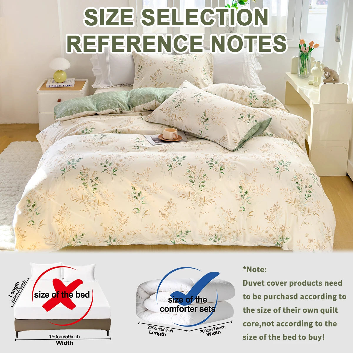 housse couette floral tissu texturé blanc cassé vert or ensemble lit doux naturel taies