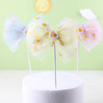 décoration anniversaire mariage figurines dessin animé fleurs rubans transparents piques bleu jaune rose