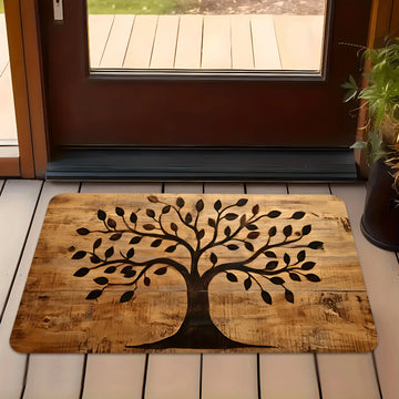 tapis sol rustique arbre stylisé texture bois brun clair noir salon bain imperméable antidérapant