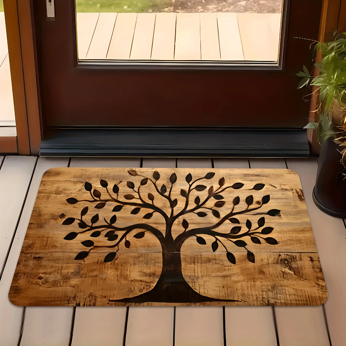tapis sol rustique arbre stylisé texture bois brun clair noir salon bain imperméable antidérapant