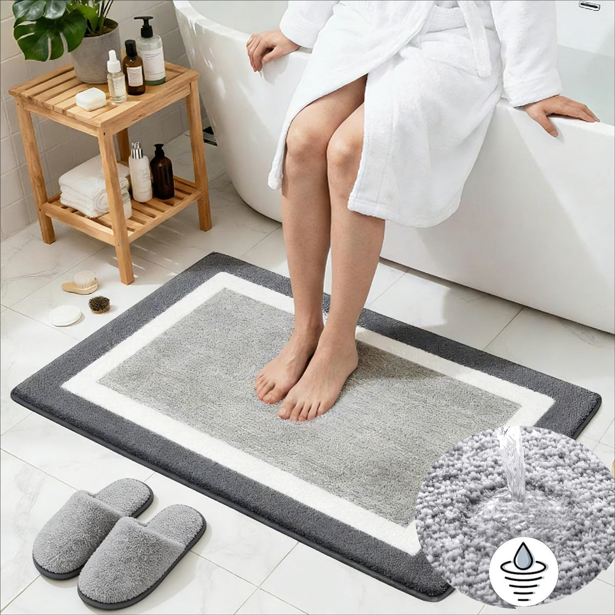 tapis bain doux microfibre gris blanc moderne antidérapant respectueux environnementversible adhésif