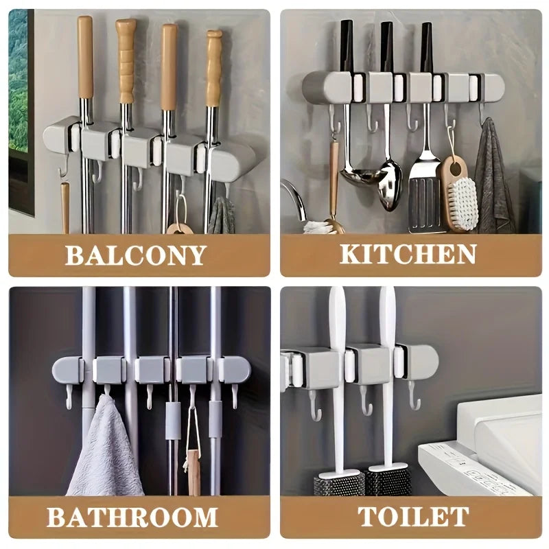 porte balais moderne adhésif blanc crochets ustensiles rangement nettoyage organisation cuisine salle bain