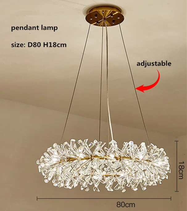Suspension lumineuse cristal transparent moderne élégante chaînes blanc doré chambre salon