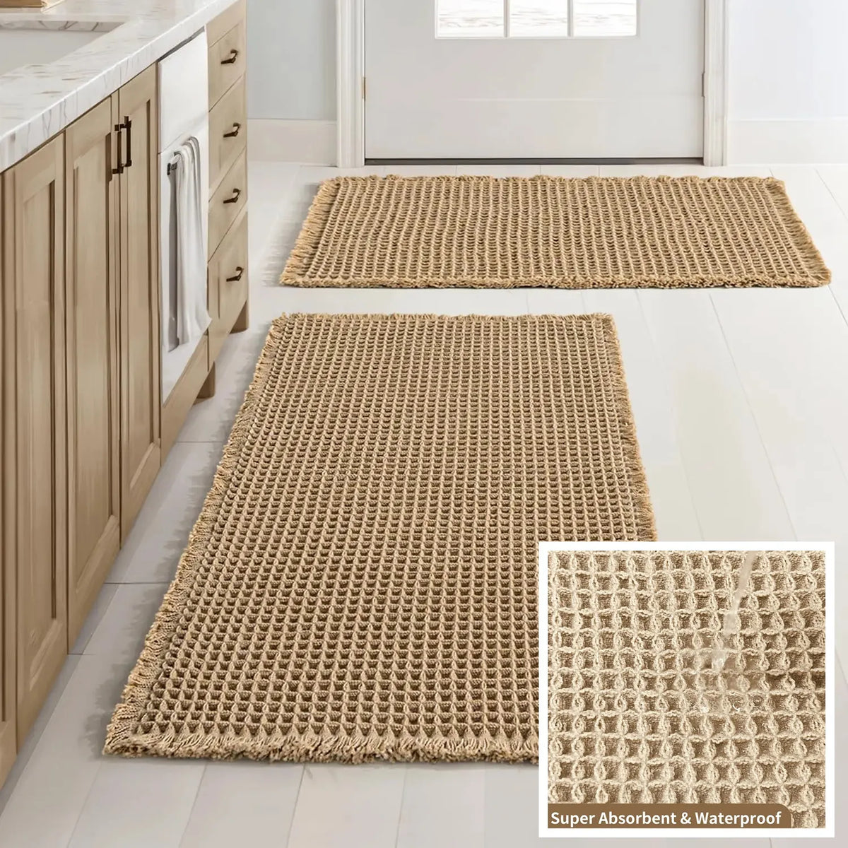 tapis bain absorbant texture tissée franges bord antidérapant moderne beige clair salle bain rapide