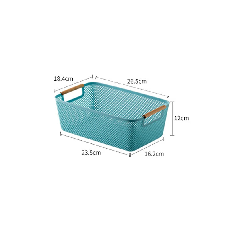 paniers rangement blanc jaune bleu rose noir maille fine moderne pratique poignées bois