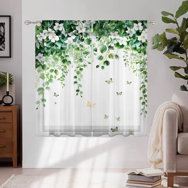 rideaux transparents vert blanc motifs fleurs papillons moderne fenetre polyester