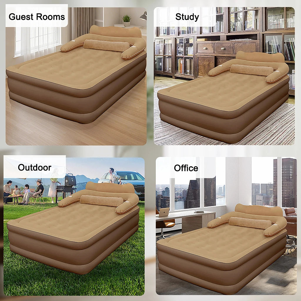 lit gonflable marron clair coussins tapis imperméables moderne confortable camping intérieur extérieur