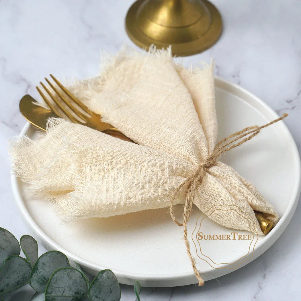 serviettes table coton beige bleu marine franges rustique réutilisables pack 20 cm32cm