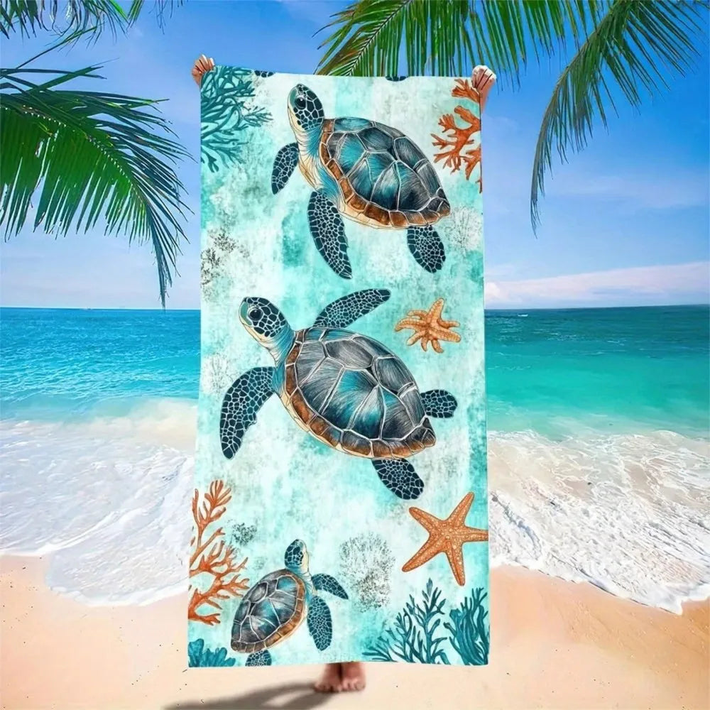 serviette plage microfibre motif marin tortues dauphins poissons illustration animale bleu clair vert orange