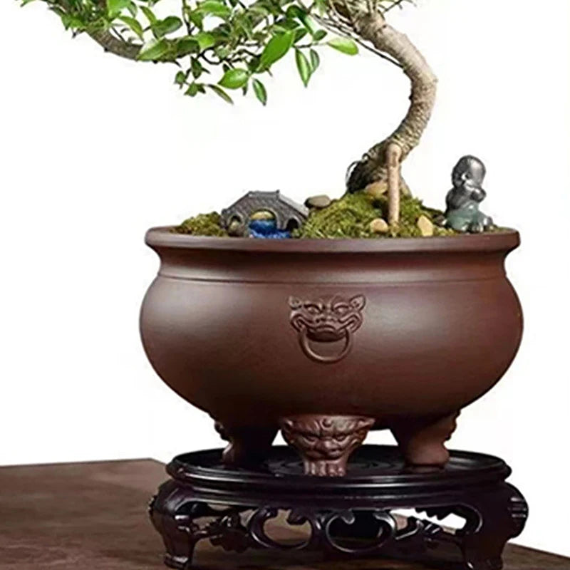 pots fleurs plastique brun vert orange motifs têtes lions plantes bonsaï orchidées décorations asiatiques