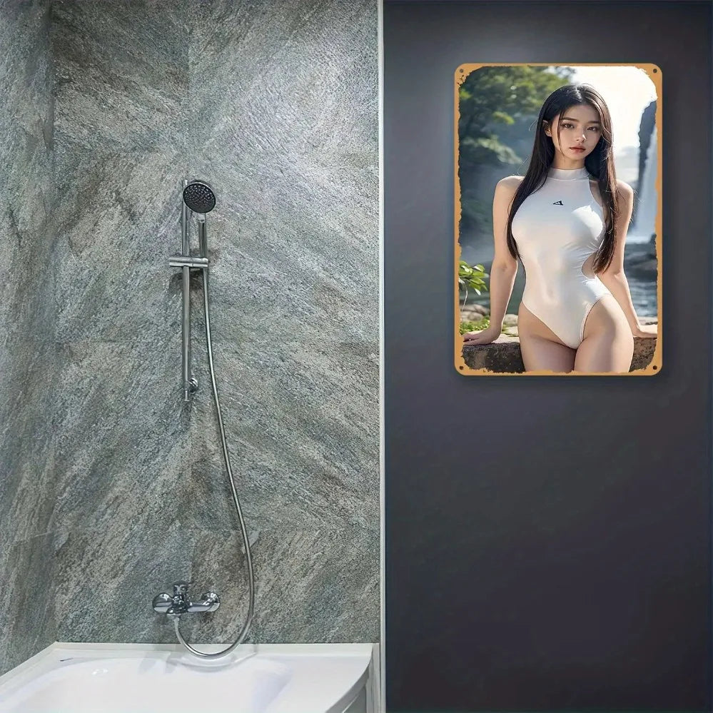 plaque decorative moderne femme asiatique maillot bain blanc adhésif texture metallique 20x30cm