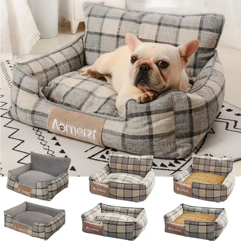 lit chien tissu doux carreaux gris blanc coussin matelas confortable amovible lavable intérieur