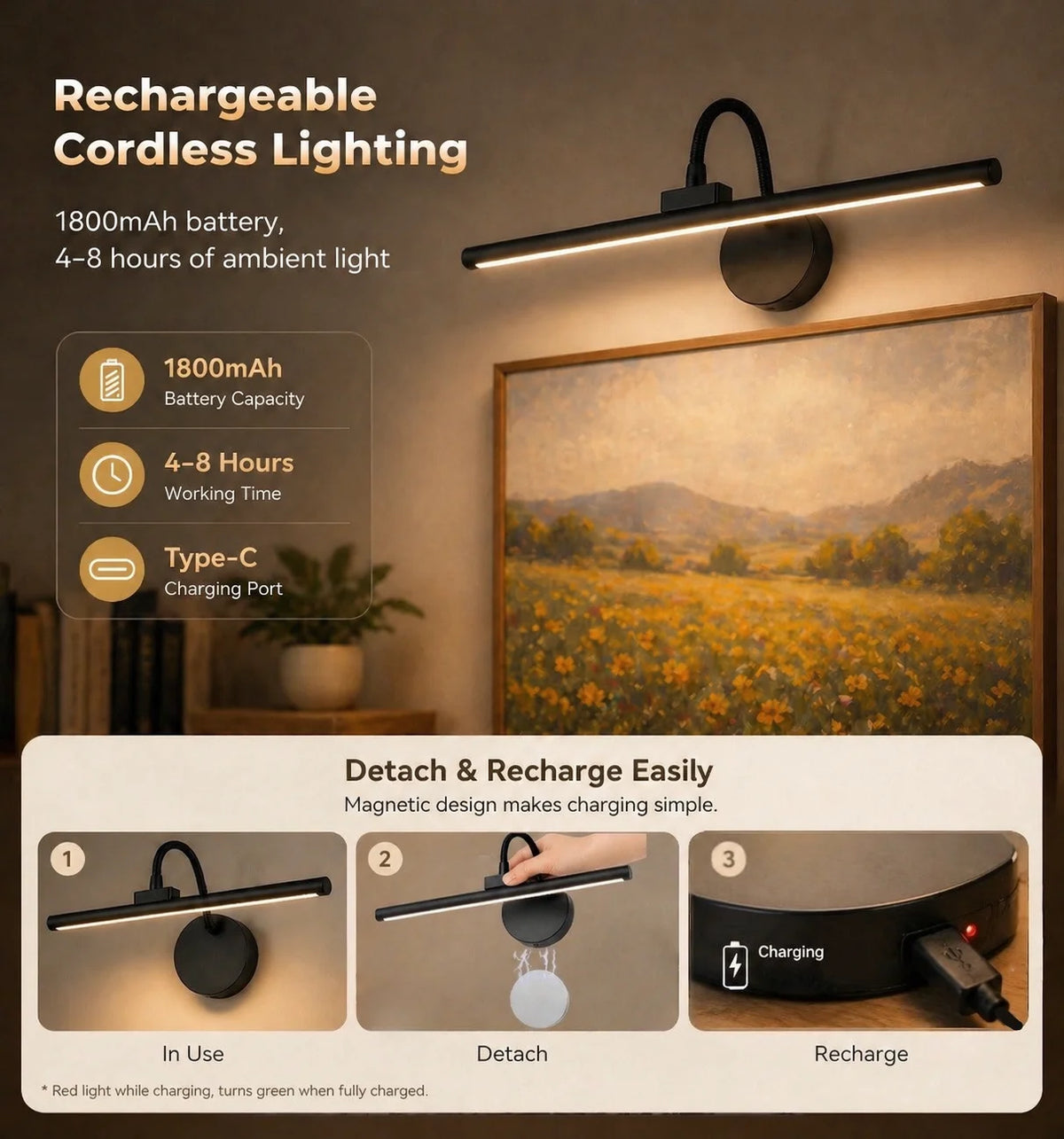 lampe murale led rechargeable noire aimantée couleurs réglables moderne minimaliste