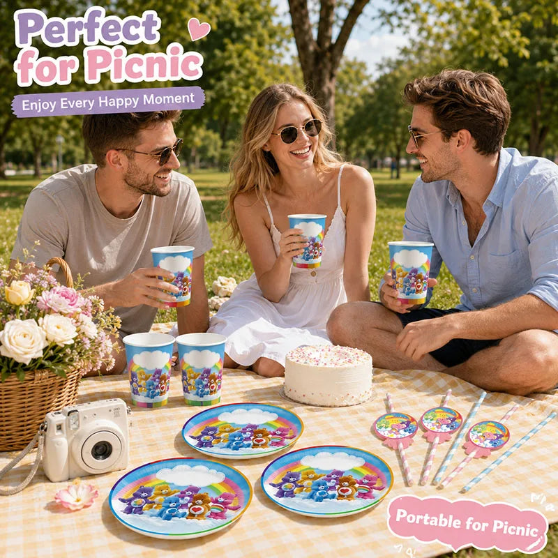 Assiettes arc ciel personnages dessins animés gobelets pailles fête enfantine multicolore