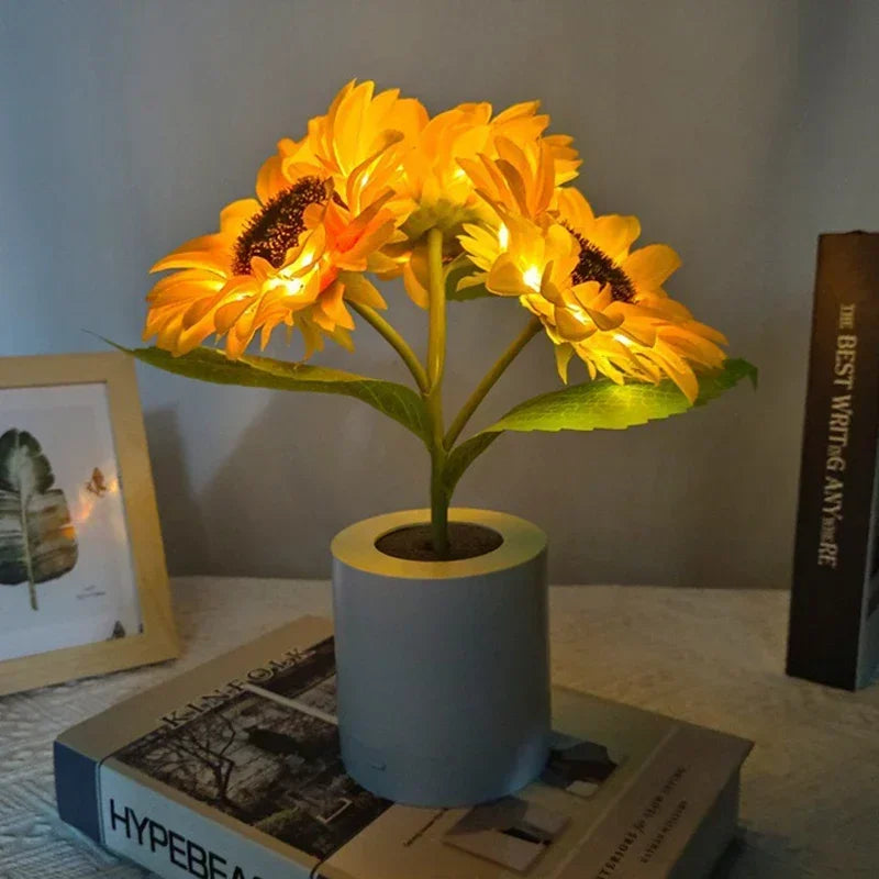 veilleuse rechargeable tournesol fleur jaune feuilles vertes deco moderne chambre table led