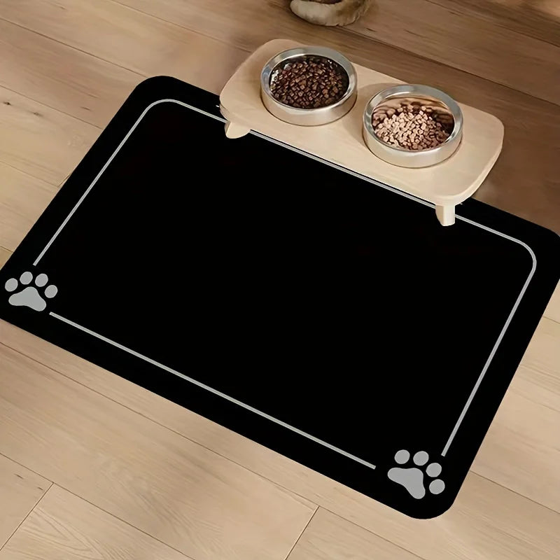 tapis animal compagnie noir gris imprimé pattes clips bols antidérapants absorbants moderne fonctionnel