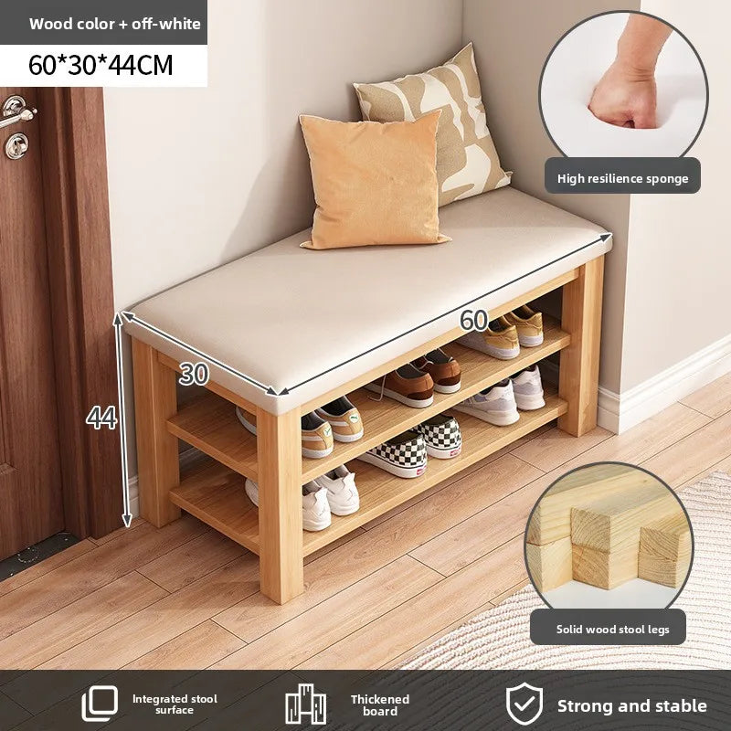 tabouret rangement chaussures bois naturel moderne minimaliste coussin rembourré étagère entrée multifonction adultes seniors